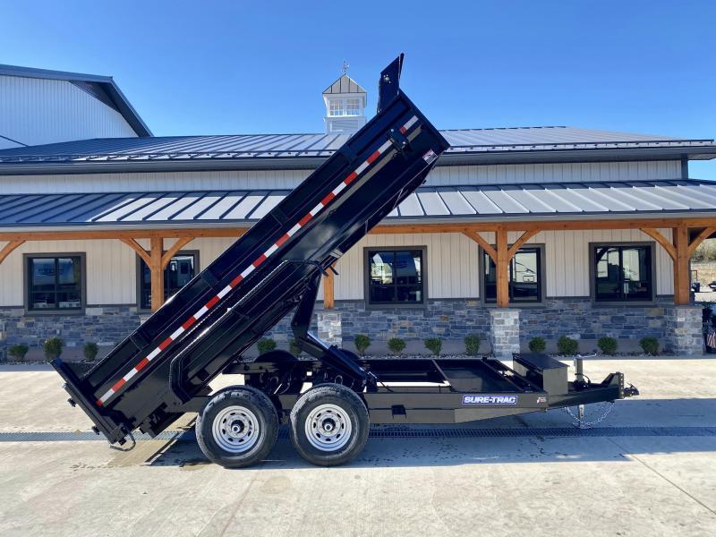 7×14 Sure-Trac low-profile scissor-hoist dump trailer for rent in Branford, CT with the bed raised
